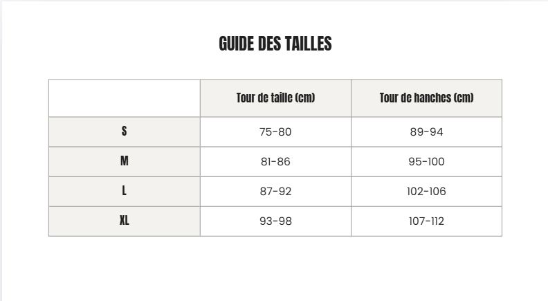 Voir le guide des tailles